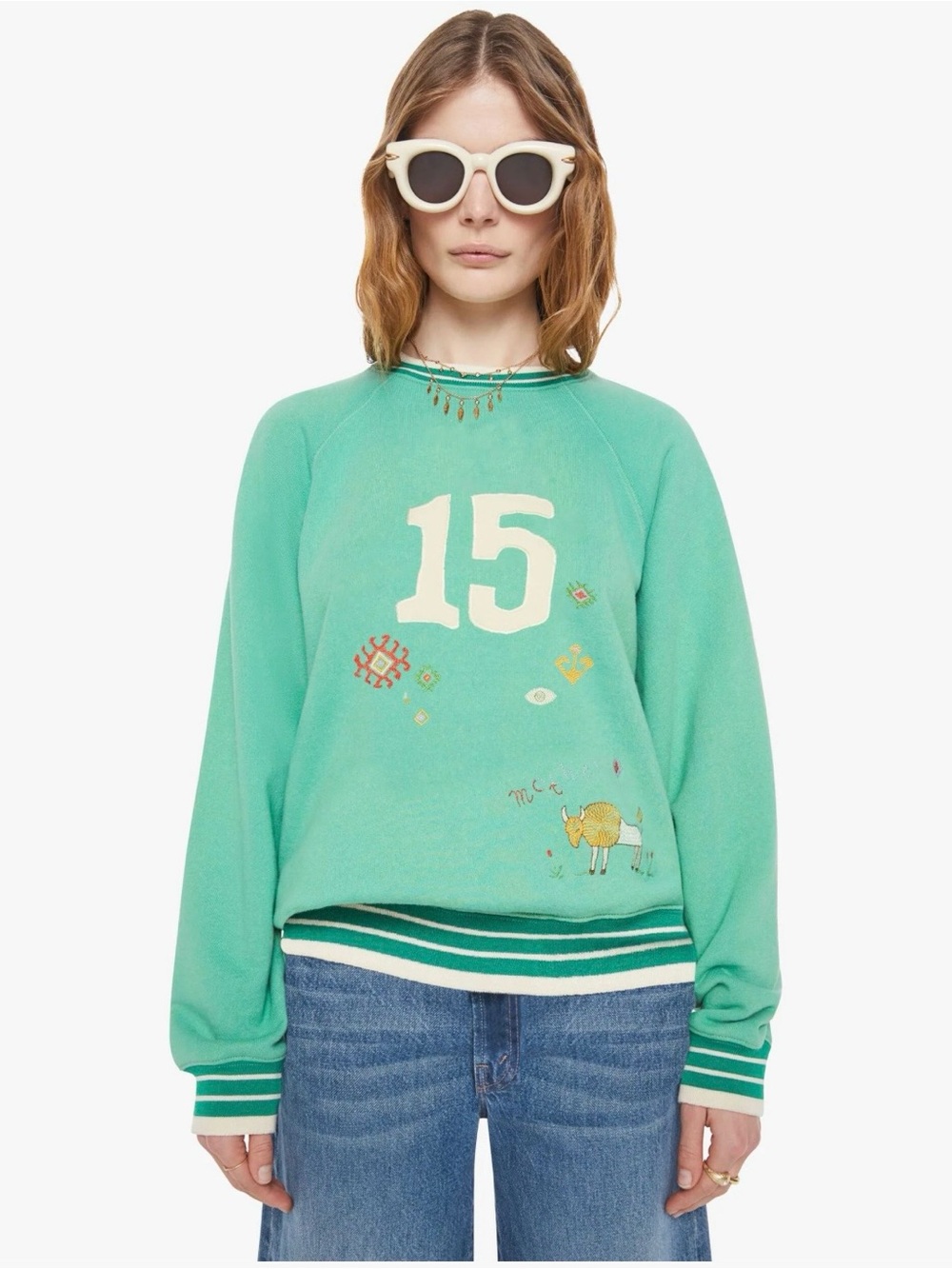 MOTHER The BIG Sport Sweatshirt-Mother Fifteen 15 Green Embroidered Size M NWT - Picture 3 of 10